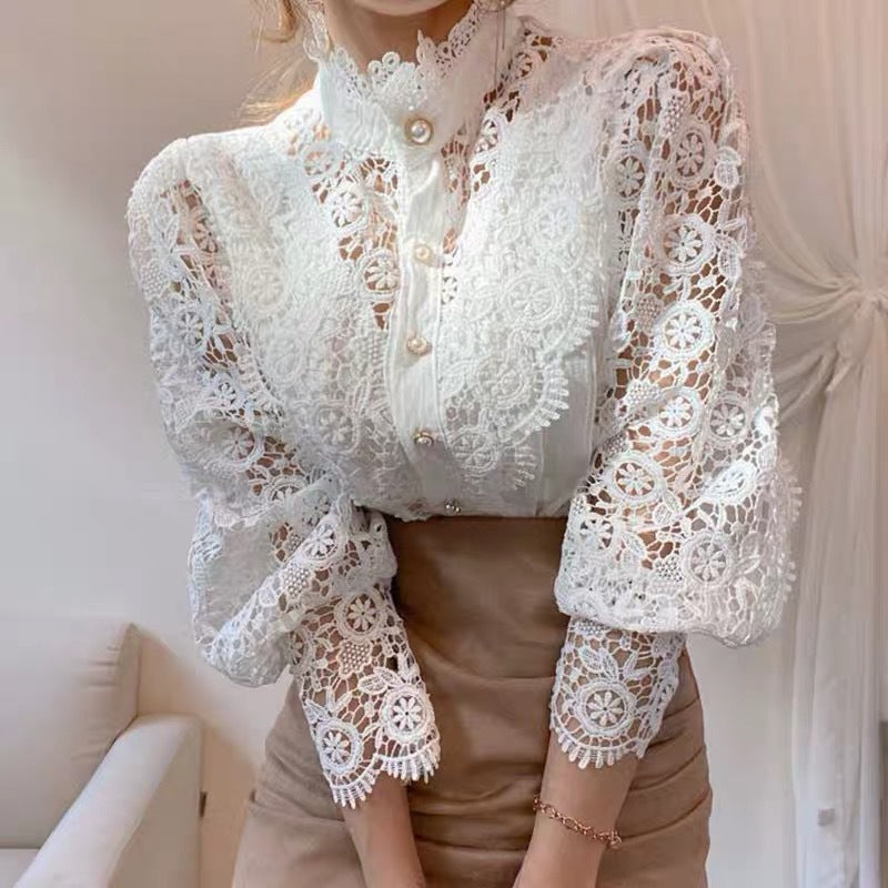 French Loose Lace Hollow Flower Long Sleeve Stand Collar Shirt Women Top 724