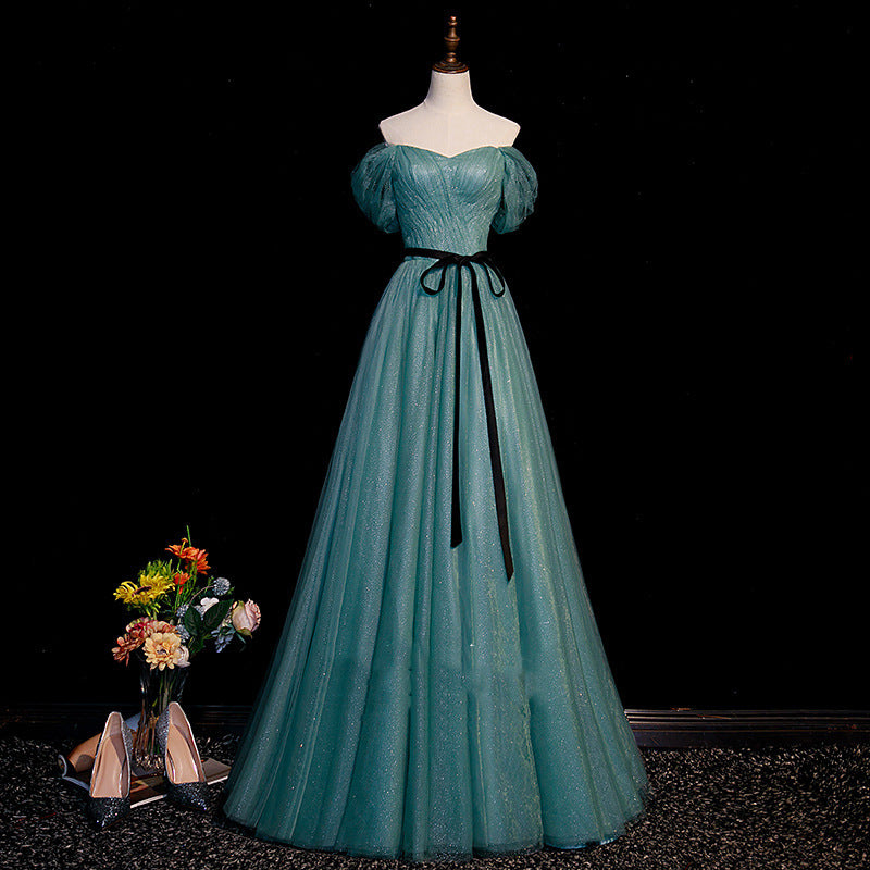 Green Off Shoulder Prom Dress A Line Formal Evening Ball Gown 652