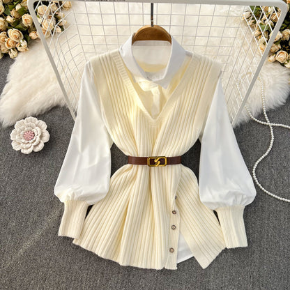 Autumn and Winter Loose White Shirt Top Slit Knitted Vest Two-piece Set 443
