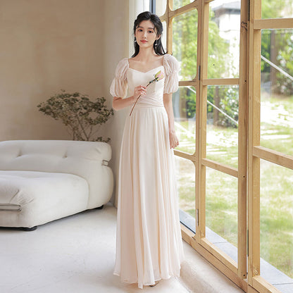 A Line Champagne Bridesmaid Dress Simple Long Prom Dress 528