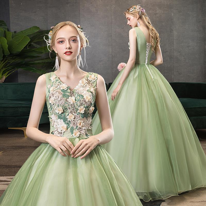 Green Tulle Ball Gown with Flower Sweet 16 Birthday Party Gown Prom Dress 207