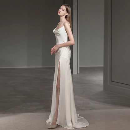 French Spaghetti Strap Long Prom Dress White Satin V back Wedding Dress 178