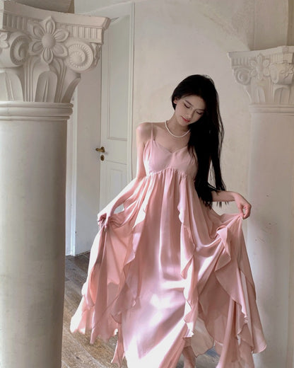 Summer New French Spaghetti Strap Dress Chiffon Pink Fairy Dress 797