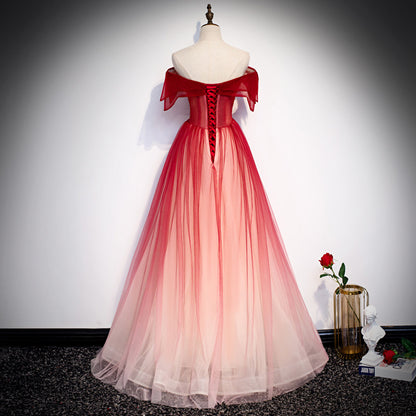 Off Shoulder White Tulle Prom Dress Red A Line Evening Party Gown 597