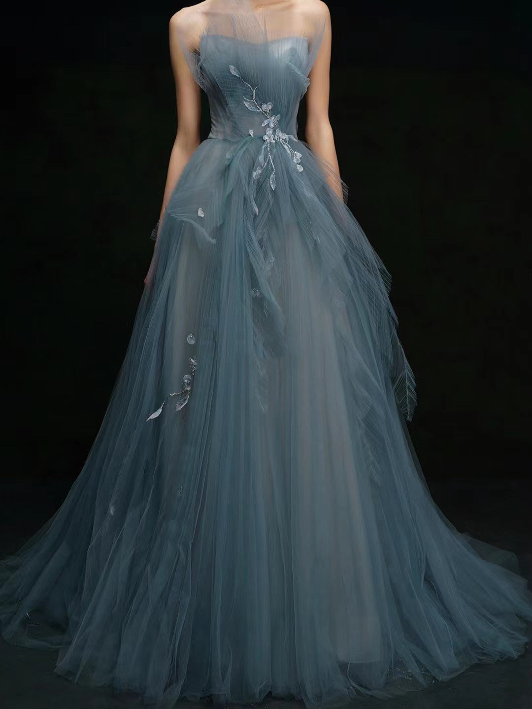 Strapless A Line Tulle Prom Dress Blue Evening Formal Party Gown 594