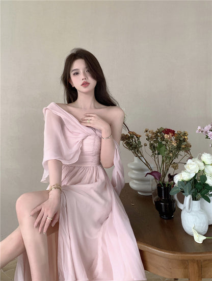 A Line Strapless Pink Cute Fairy Dress Long Prom Dress with Slit 400