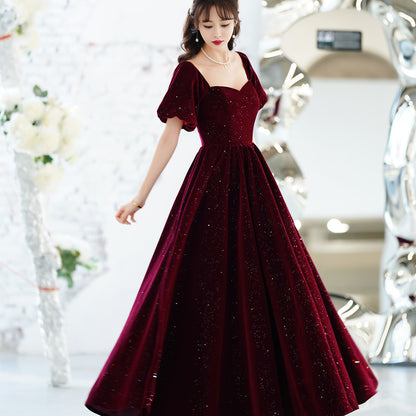 A Line Burgundy Velvet Prom Dress Formal Evening Gown Shiny Party Dress 546