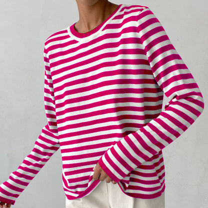Autumn and Winter Women Round Neck Knitted Striped Sweater 1633