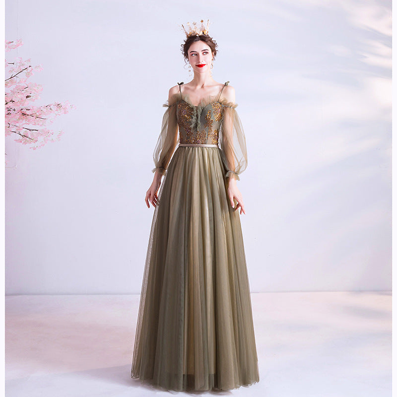 Long Green  Tulle Prom Dress A Line Evening Dress with Long Sleeves 161