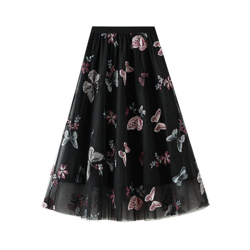 Embroidered Butterfly Mesh Skirt New High Waist Mid Length Fairy Swing Skirt 765