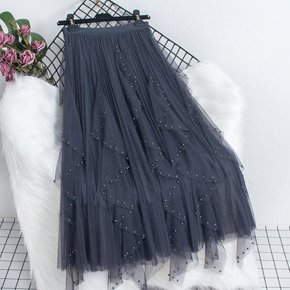 Beaded Petal Mesh Skirt High Waist Mid Length Skirt Large Swing Skirt 736
