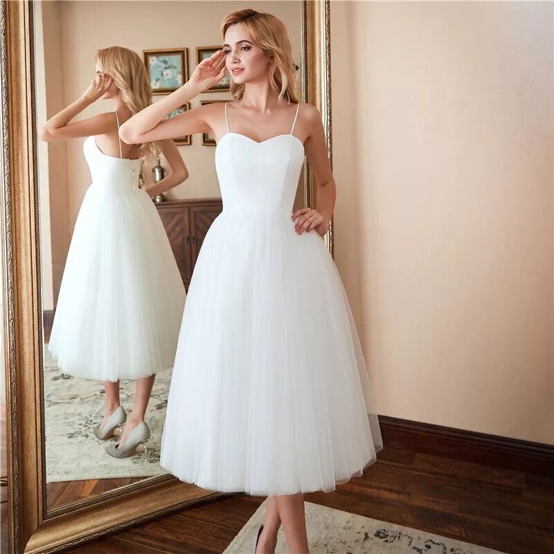 Spaghetti Straps White Prom Dress simple Wedding Dress Tulle Homecoming Dress 1665