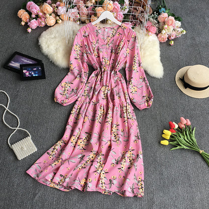 Autumn Retro Printed Dress Loose Casual V-neck Puff Sleeve Floral Dress 359