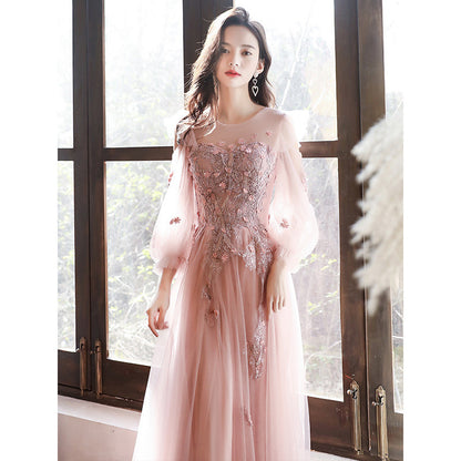 Pink A Line Long Prom Dress Flower Tulle Fairy Formal Party Gown Sweet Birthday Party Dress 308