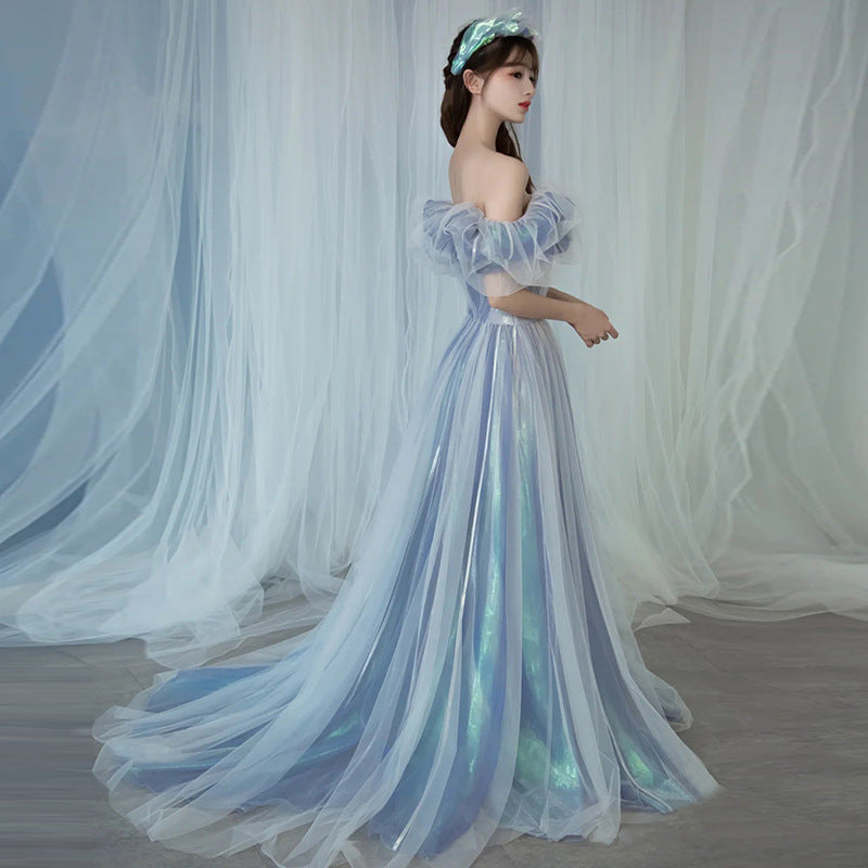 Off Shoulder A Line Tulle Prom Dress Baby Blue Evening Formal Gown 582