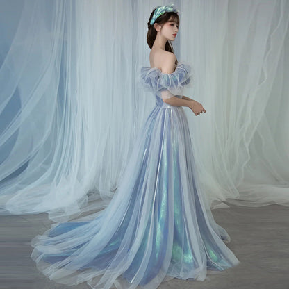 Off Shoulder A Line Tulle Prom Dress Baby Blue Evening Formal Gown 582