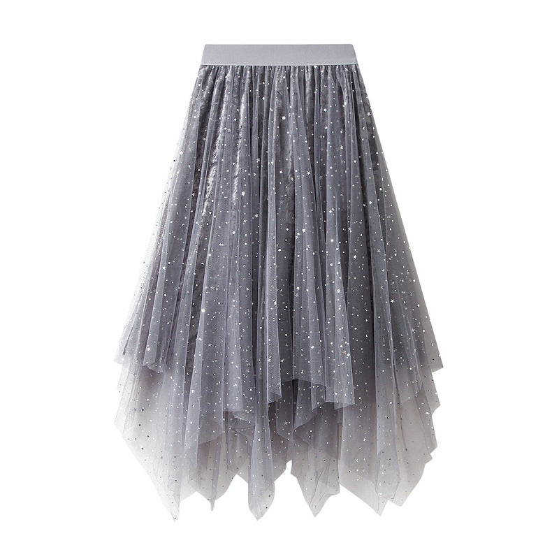 Puffy Sparkling Mesh Skirt Irregular Mid Length Skirt 772