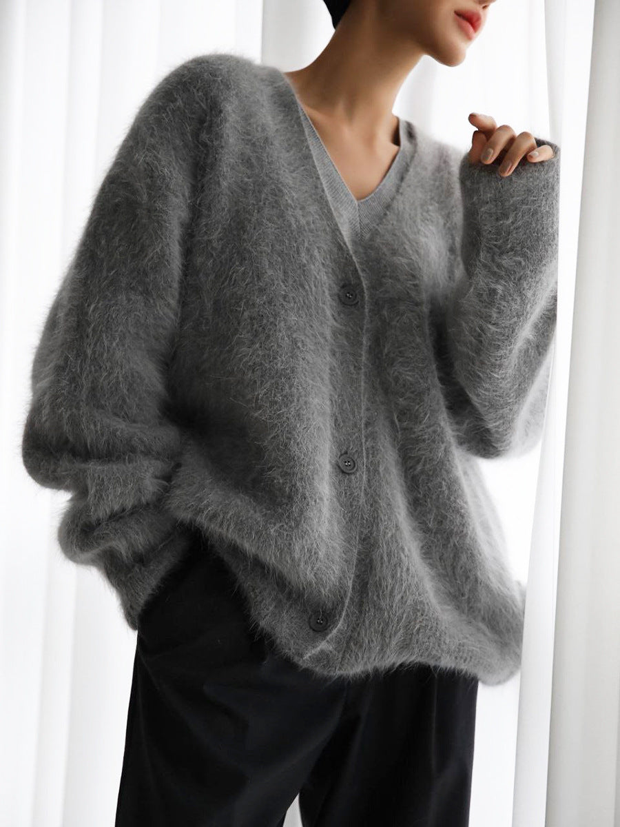Knitted Sweater Cardigan Autumn and Winter Lazy Loose Long-sleeved V-neck Sweater Jacket 1900
