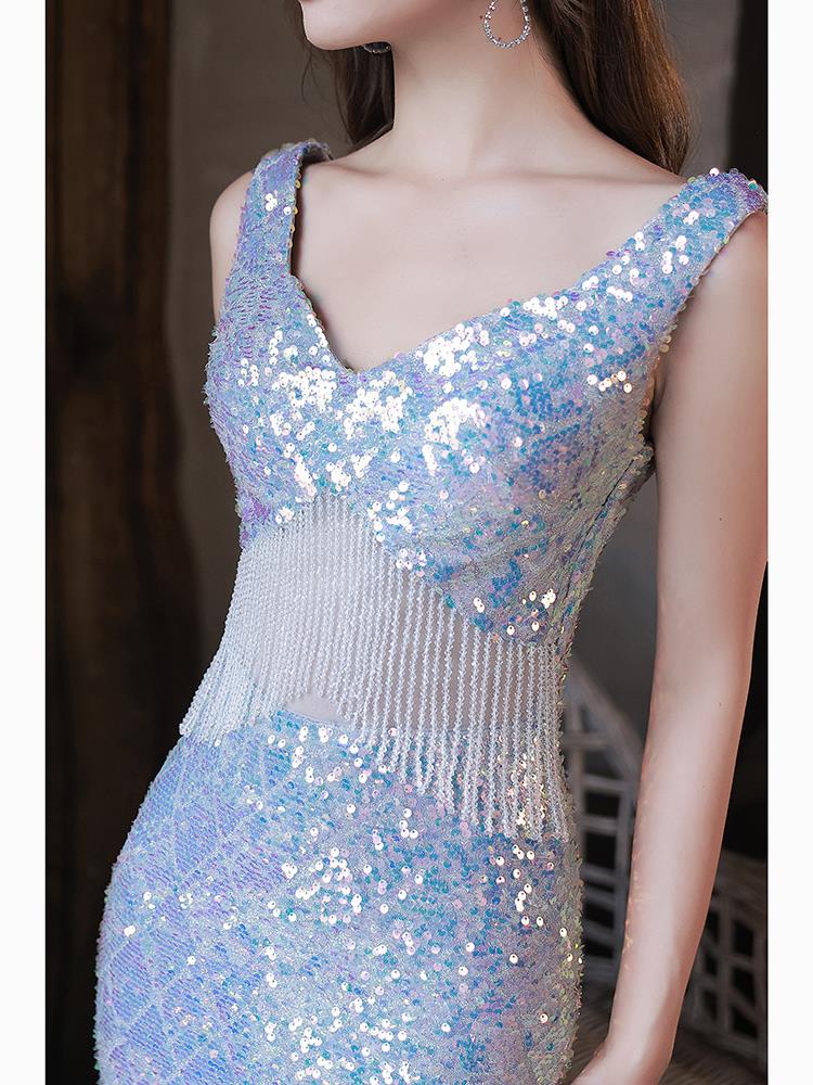 Mermaid Sequins Long Prom Dress with Slit V Neck  Tassel Evening Dress 195