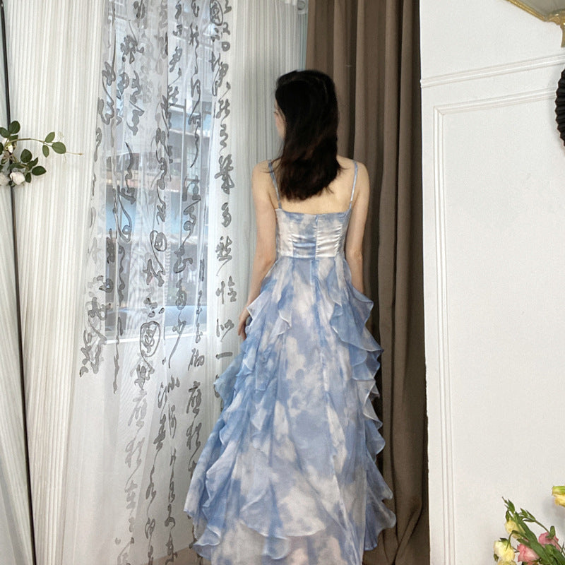 French Blue Strapless Dress Summer Fairy Backless Dress 795