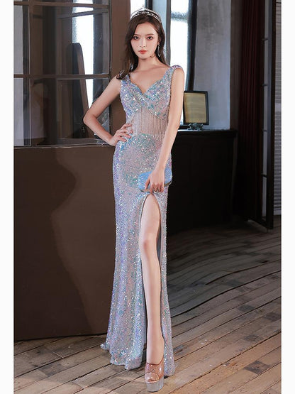 Mermaid Sequins Long Prom Dress with Slit V Neck  Tassel Evening Dress 195