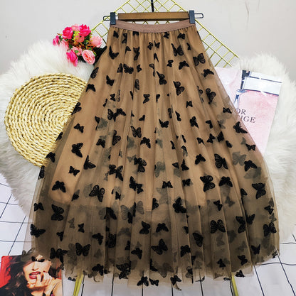 Butterfly Mesh High Waist Mid Length Skirt Long Skirt 739