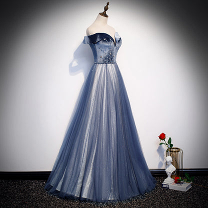 Off  Shoulder Velvet Tulle Prom Dress Beaded Long Evening Dress 155