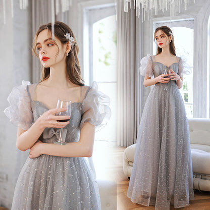 Cute Gray Puff Sleeves Long Prom Dress A Line Tulle Formal Evening Gown 227
