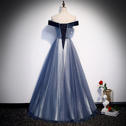 Off  Shoulder Velvet Tulle Prom Dress Beaded Long Evening Dress 155