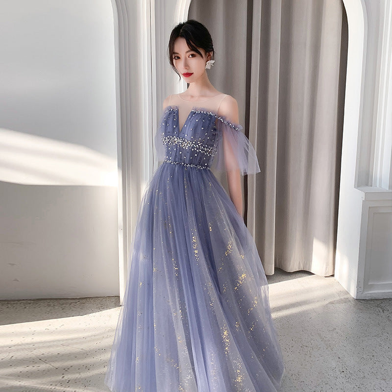 Off Shoulder A Line Tulle Prom Dress Shiny Forma Evening Gown 639