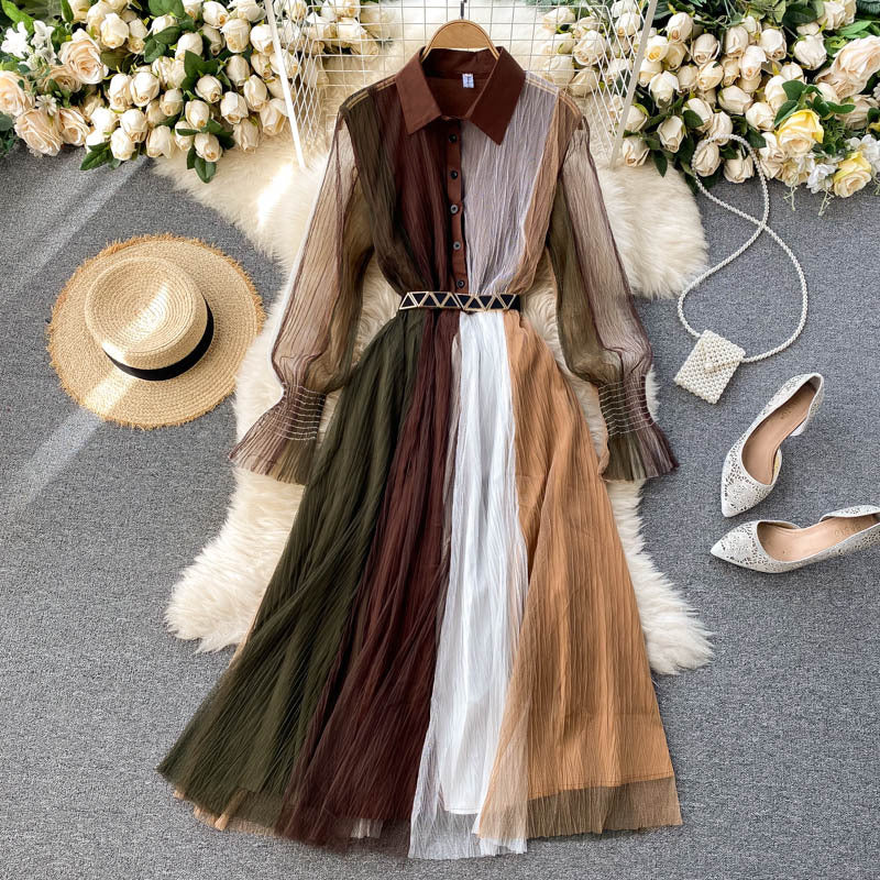 Splicing Mesh Dress POLO Collar Mid-length Fairy Dress 843