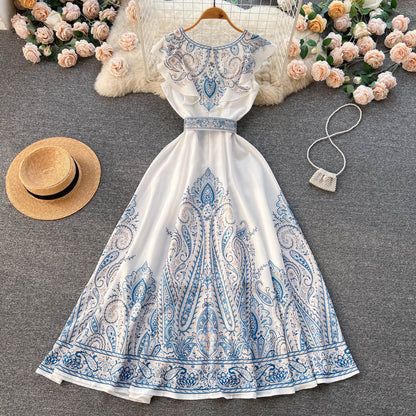 Summer French Retro V-neck Sleeveless Dress Women's Mid-length A-line Printed Skirt  352