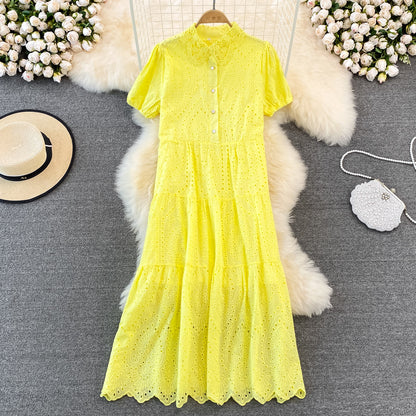 2022 Summer Doll Collar Hollow Puff Sleeve Dress Elegant Long Dress 450