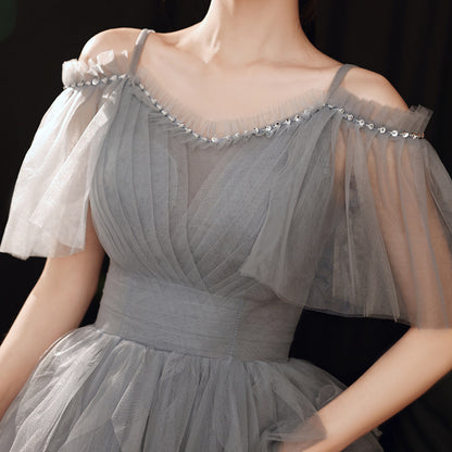 Gray Tulle Long Prom Dress A Line Evening Formal Gown 302