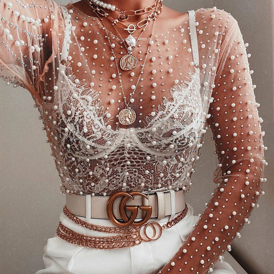 Fairy Sexy See Through Lace Shirt Beaded Mesh Long Sleeves Top 1541