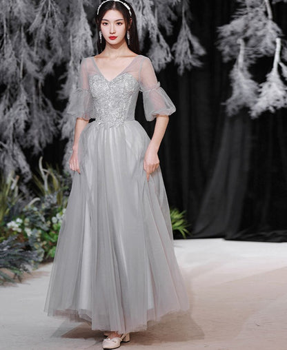 Gray Tulle Long Prom Dress A Line Bridesmaid Dress Formal Evening Gown Party Dress 554