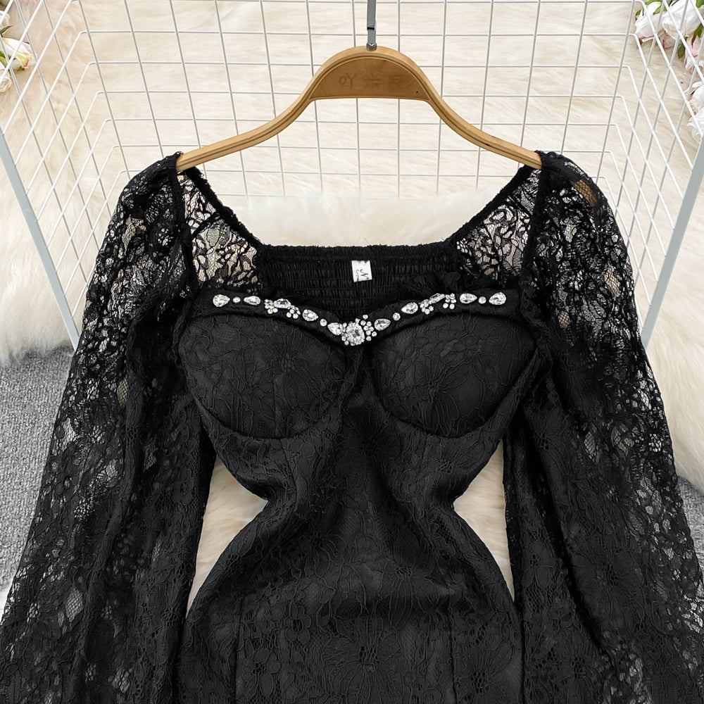 Square Neck Lace Sleeves Dress Evening Dress Short Dress 464