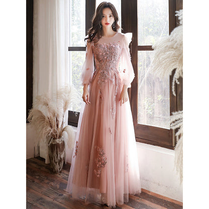 Pink A Line Long Prom Dress Flower Tulle Fairy Formal Party Gown Sweet Birthday Party Dress 308