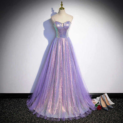 Strapless Purple Shiny Prom Dress A Line Sparkly Evening Party Gown 626