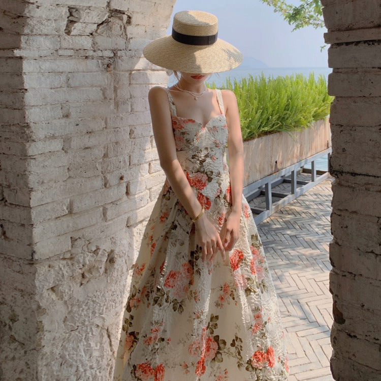 French Vintage Floral Thin Shoulder Strap Dress 811