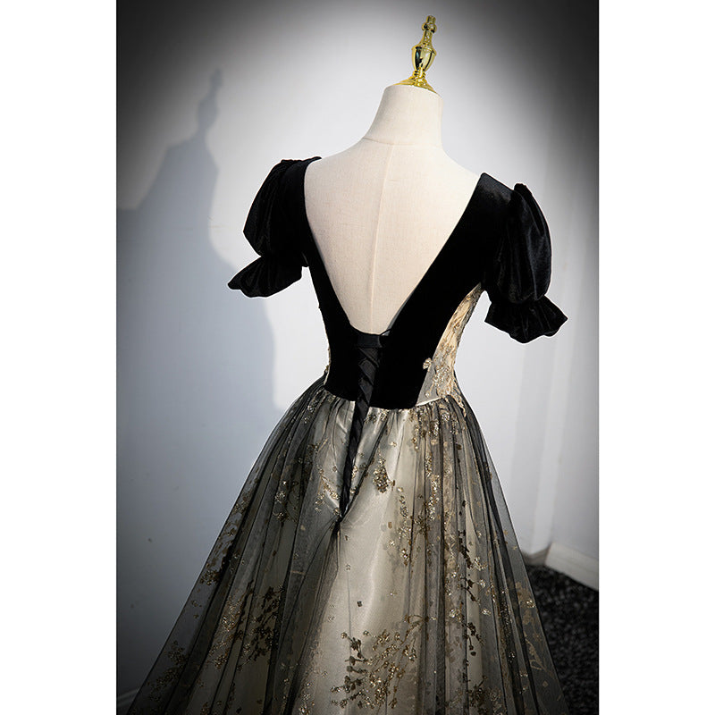 Black A Line Long Prom Dress Sequins Velvet Tulle Evening Formal Gown 645