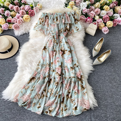 Off-the-shoulder Beach Dress Floral Chiffon Large Swing Dress 854