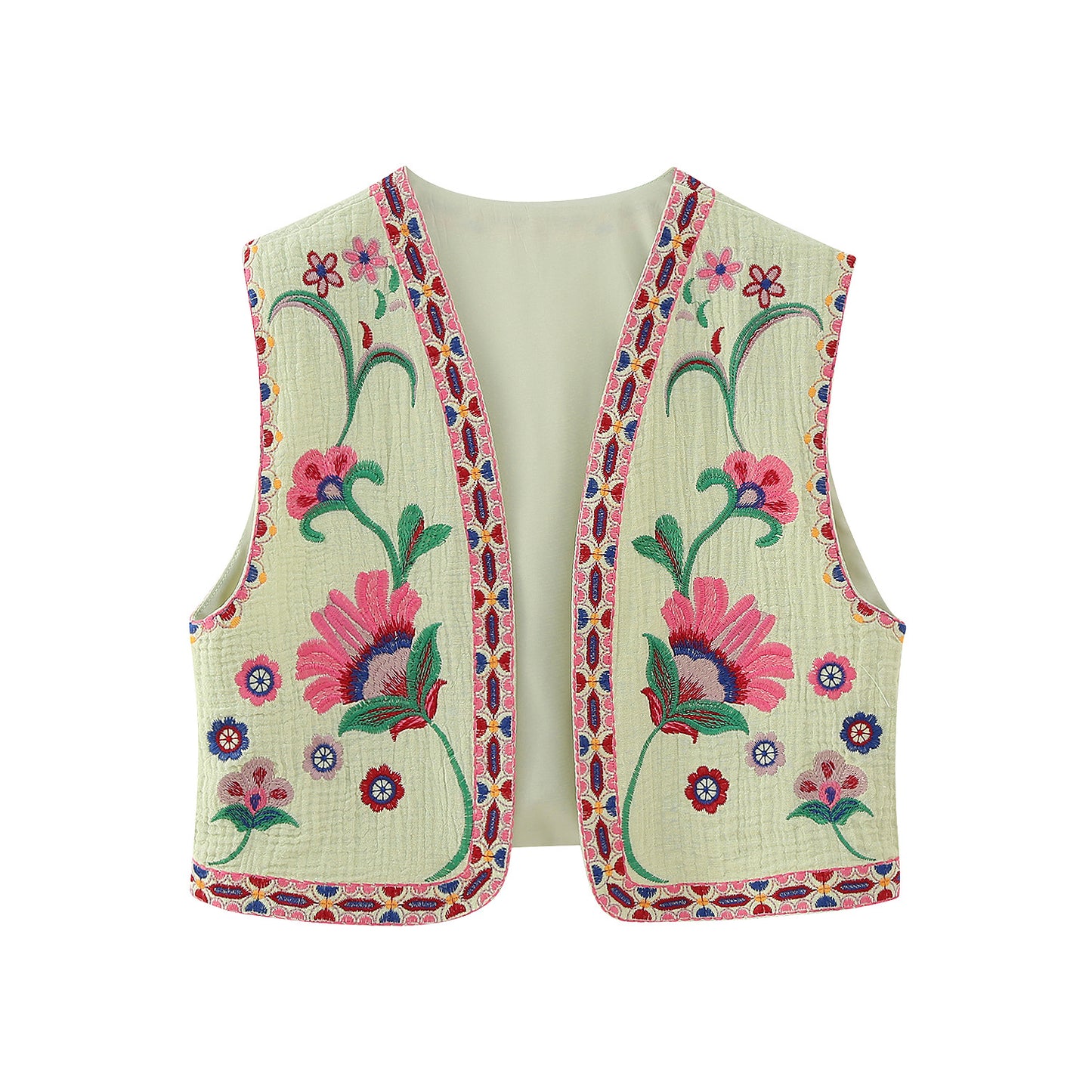 New Women Floral Embroidered Cardigan Open Waistcoat Vest White Vintage Design 925