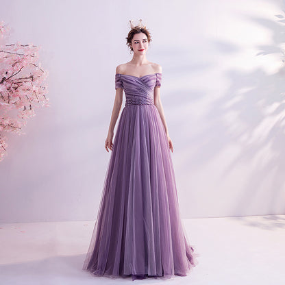 Purple Off  Shoulder Tulle Long Prom Dress Vintage Evening Dress 158