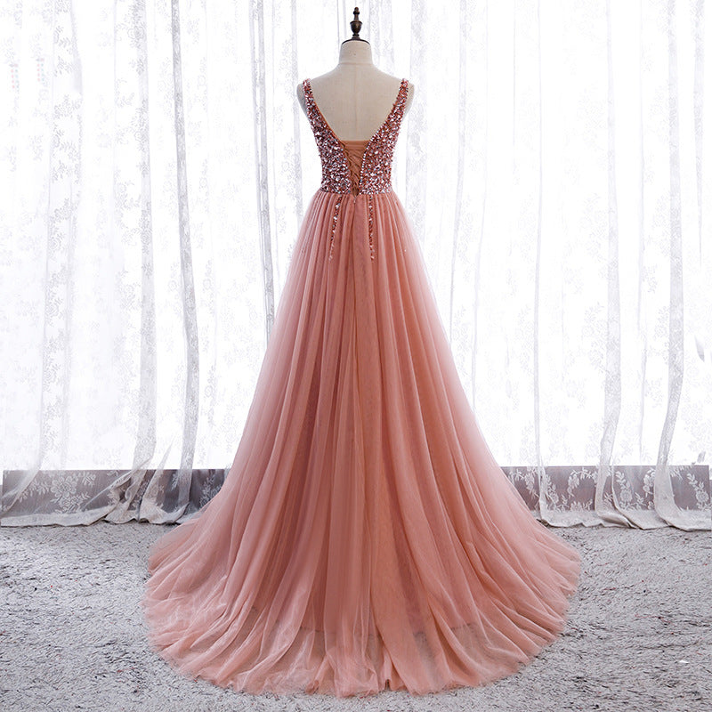 V Neck Sequins A Line Long Prom Dress Pink Tulle Prom Dress with Slit 509