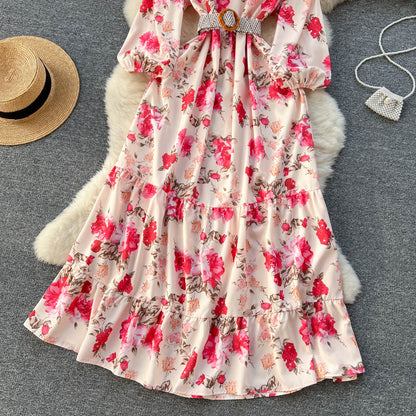 New Puff Sleeve Printed Dress Floral Fairy Long Skirt 289