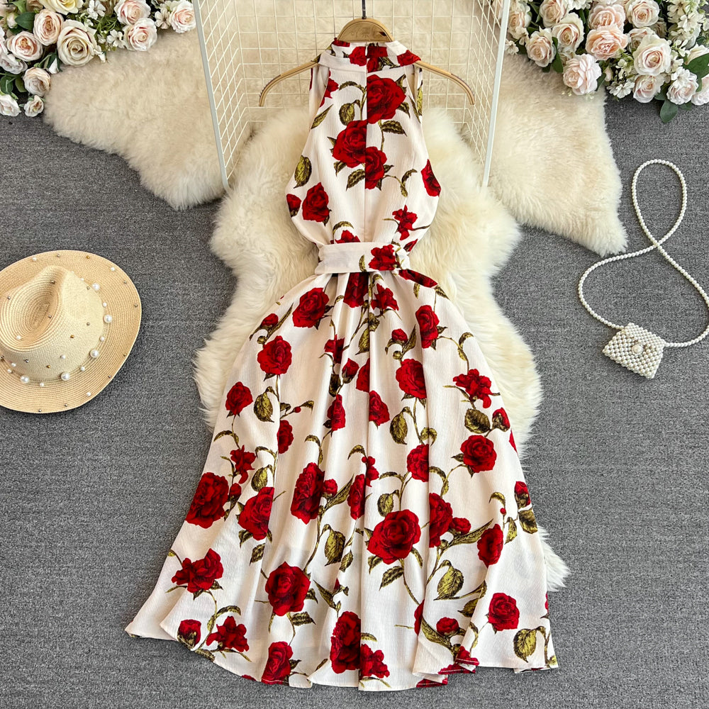 Women Summer A Line  Dress with Rose Flower Printed  437