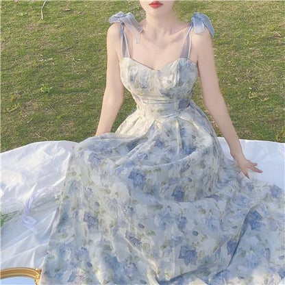 French Style Spaghetti Dress Floral Sweetheart Long Summer Dress 323