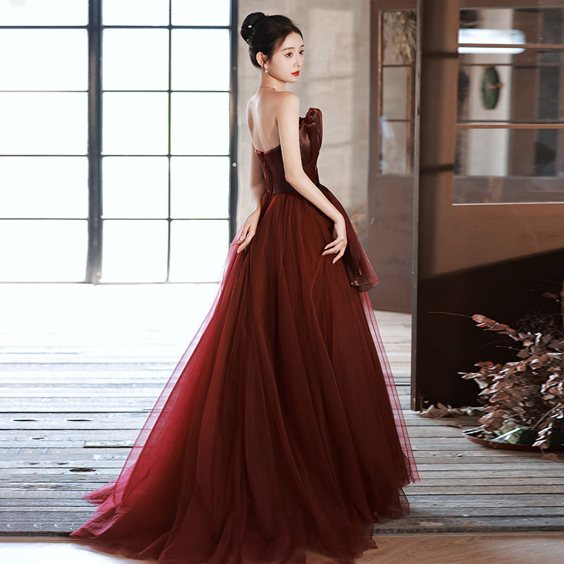 Strapless Wine Red Long Prom Dress A Line Evening Party Dress Formal Dress 190