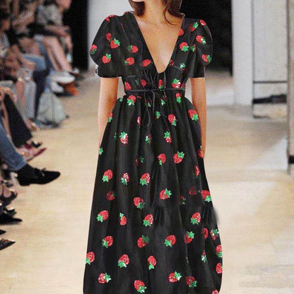 Puff Sleeve Strawberry Embroidered Mesh Dress Ruffled Swing Skirt 839